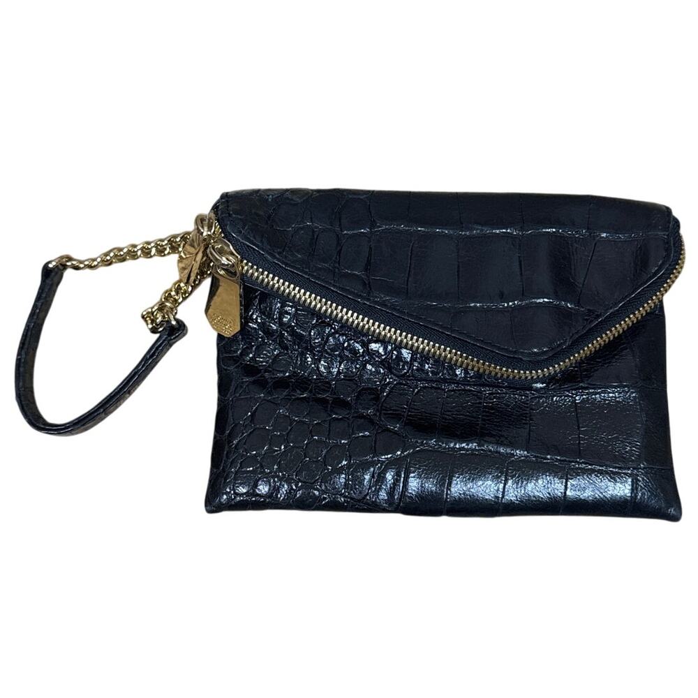 Henri Bendel Debutante Wristlet Clutch Black Crocodile Purple Lining Gold Chain